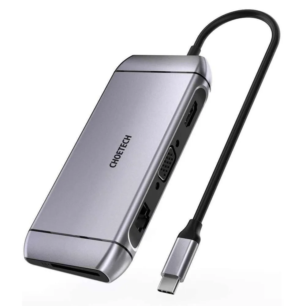 Többfunkciós USB-elosztó SD- és TF-kártyaolvasóval, HDMI 4K, VGA, Full HD, RJ45, 9-in-1, szürke