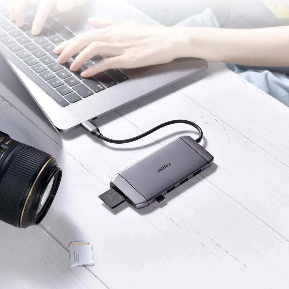 Többfunkciós USB-elosztó SD- és TF-kártyaolvasóval, HDMI 4K, VGA, Full HD, RJ45, 9-in-1, szürke