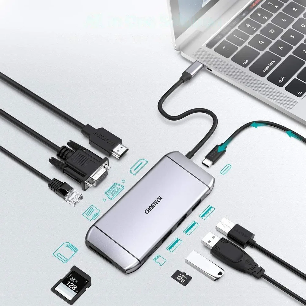 Többfunkciós USB-elosztó SD- és TF-kártyaolvasóval, HDMI 4K, VGA, Full HD, RJ45, 9-in-1, szürke 3