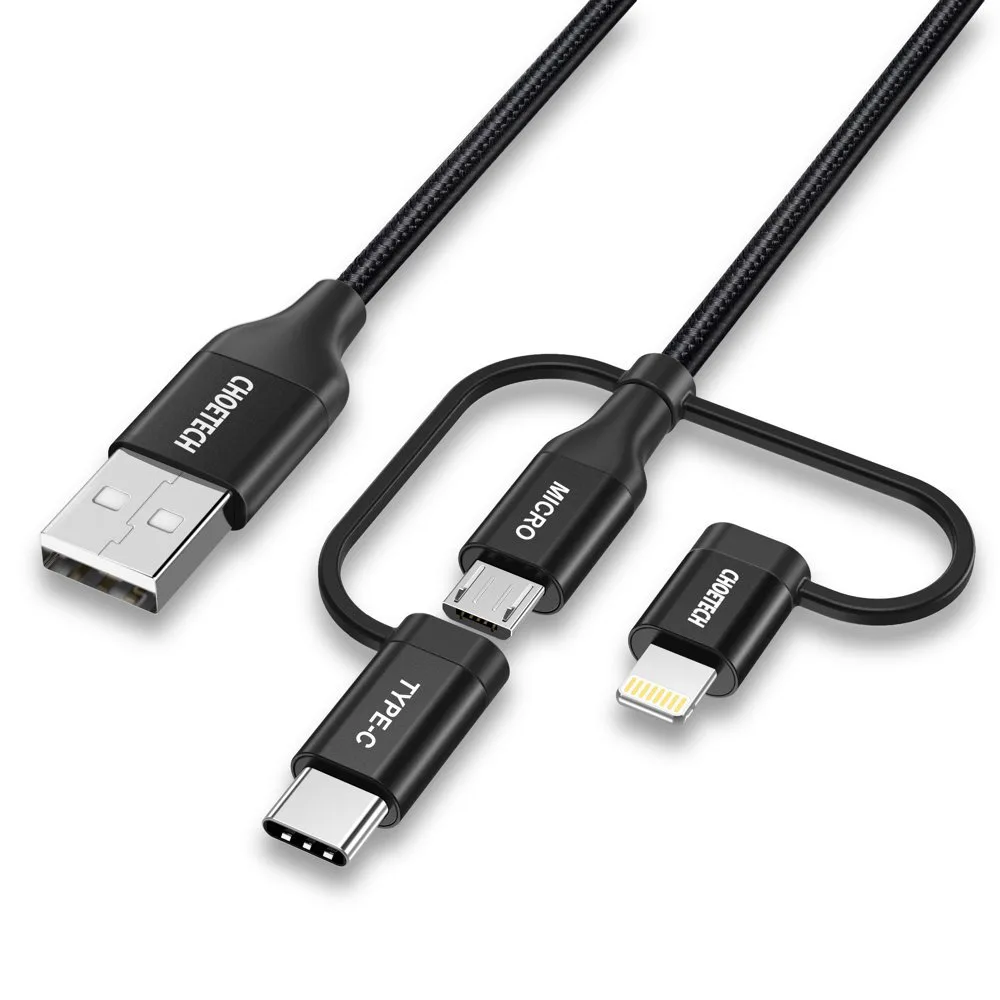 MFI Lightning–USB Type-C–micro USB 3 az 1-ben kábel, 1,2 m, fekete