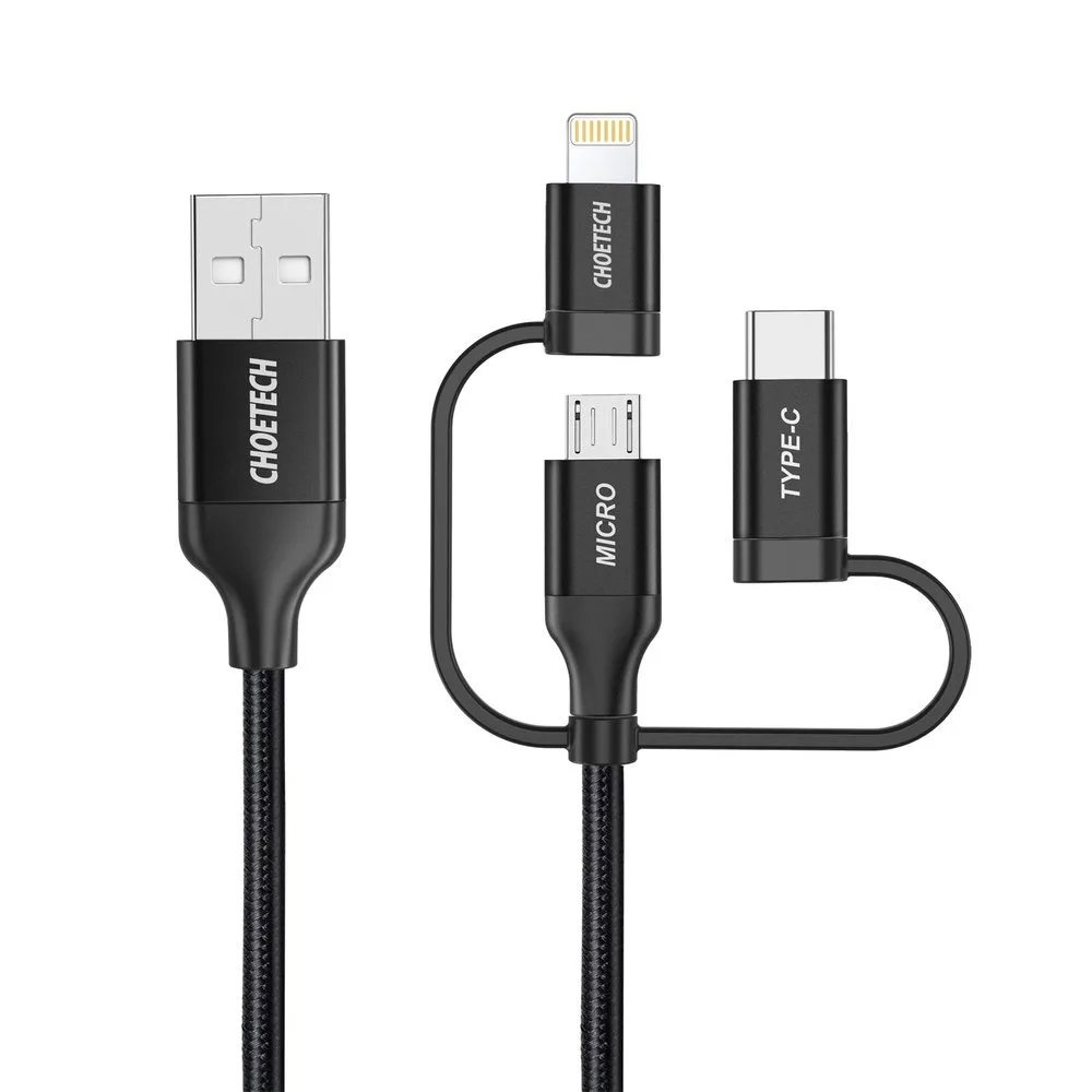 MFI Lightning–USB Type-C–micro USB 3 az 1-ben kábel, 1,2 m, fekete
