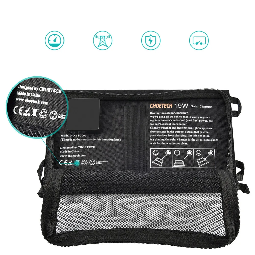 Foldable 19W Solar USB Charger, 2xUSB, Black 4