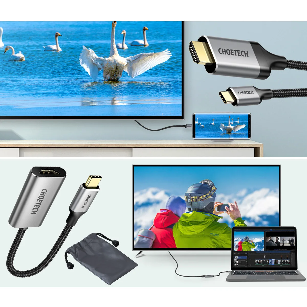 USB Type-C to HDMI 2.0 Adapter + 2m Gray HDMI Cable 3