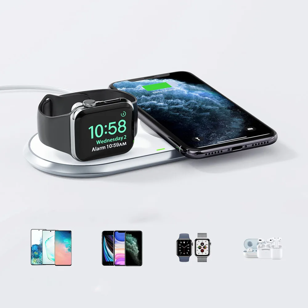 Ładowarka bezprzewodowa Qi 2w1 do smartfona Apple Watch ze stojakiem USB Typ C biały 3