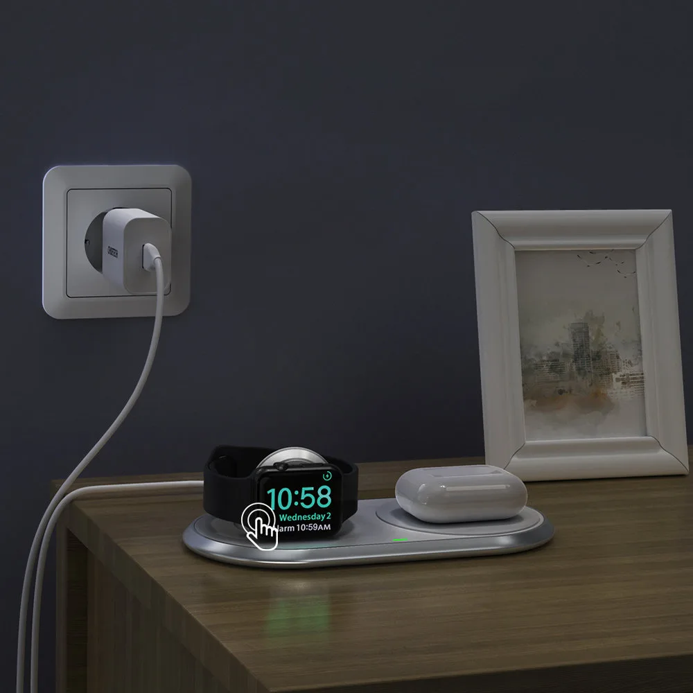 Ładowarka bezprzewodowa Qi 2w1 do smartfona Apple Watch ze stojakiem USB Typ C biały 6