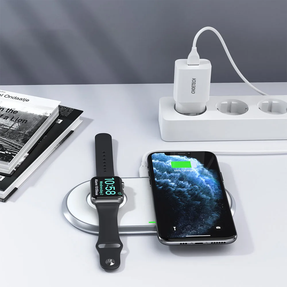 Ładowarka bezprzewodowa Qi 2w1 do smartfona Apple Watch ze stojakiem USB Typ C biały 7