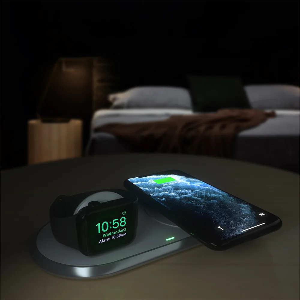 Ładowarka bezprzewodowa Qi 2w1 do smartfona Apple Watch ze stojakiem USB Typ C biały 9