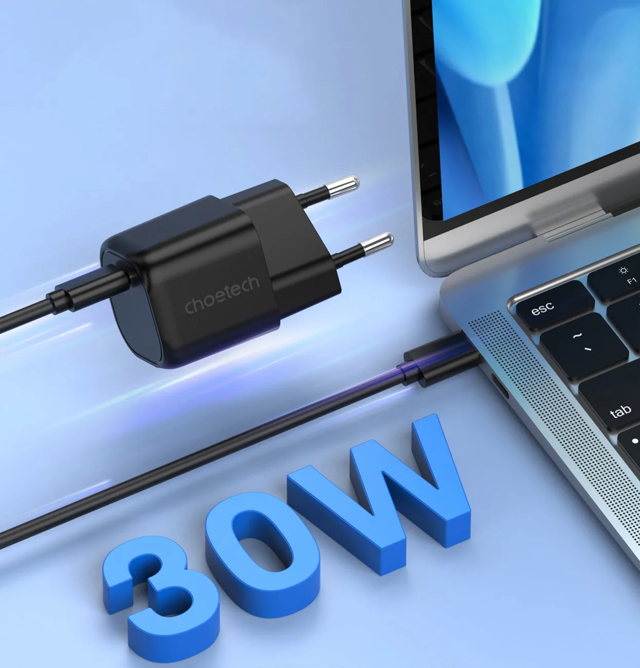 GaN USB Type-C PD 30 W-os fali töltő, fekete