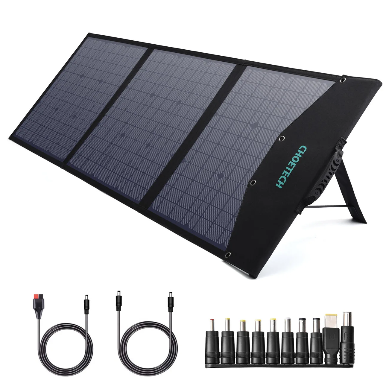 Összecsukható 120 W-os DC napelemes töltő 3 USB-porttal, fekete