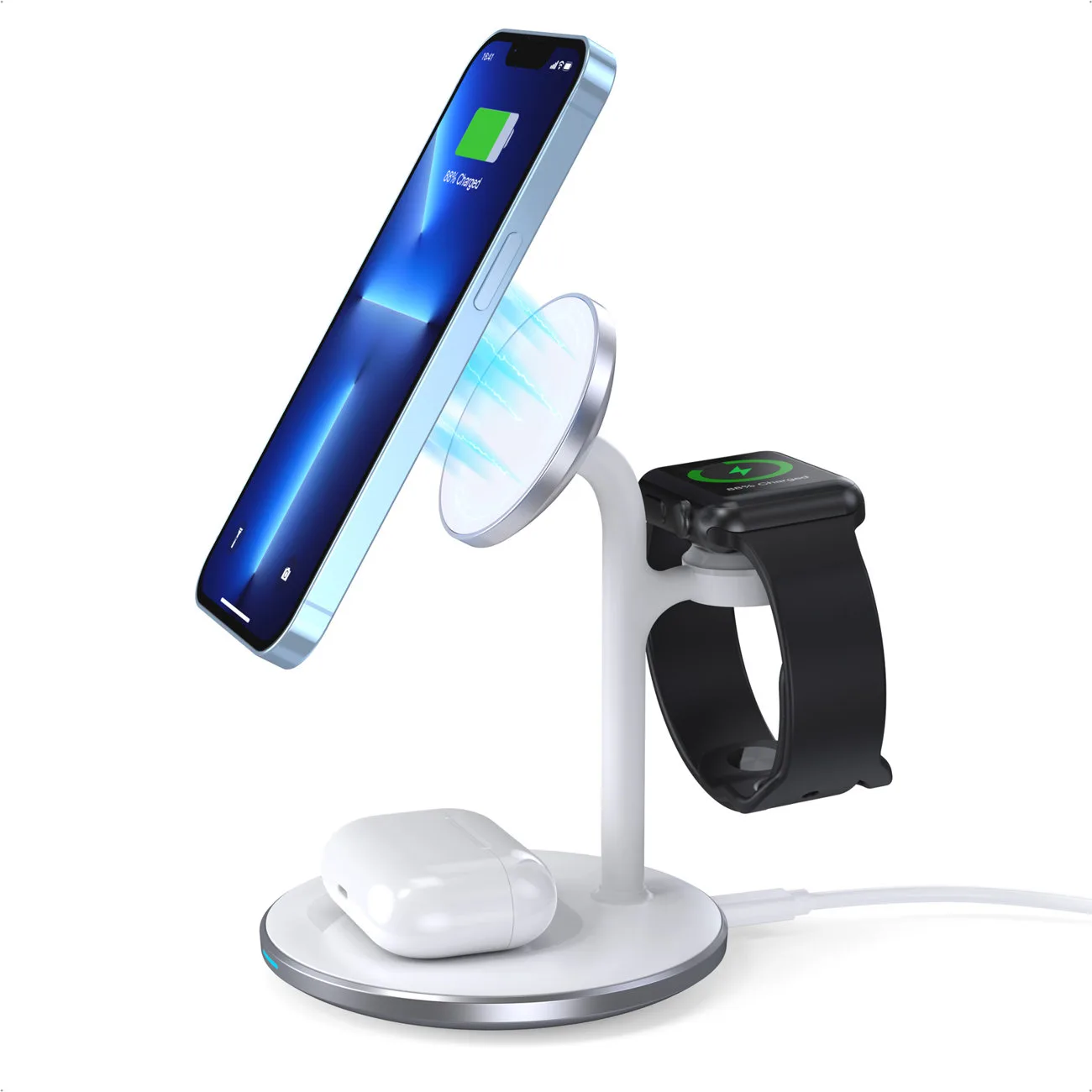 Vezeték nélküli indukciós töltő állvánnyal iPhone, Apple Watch és AirPods készülékekhez (fehér)
