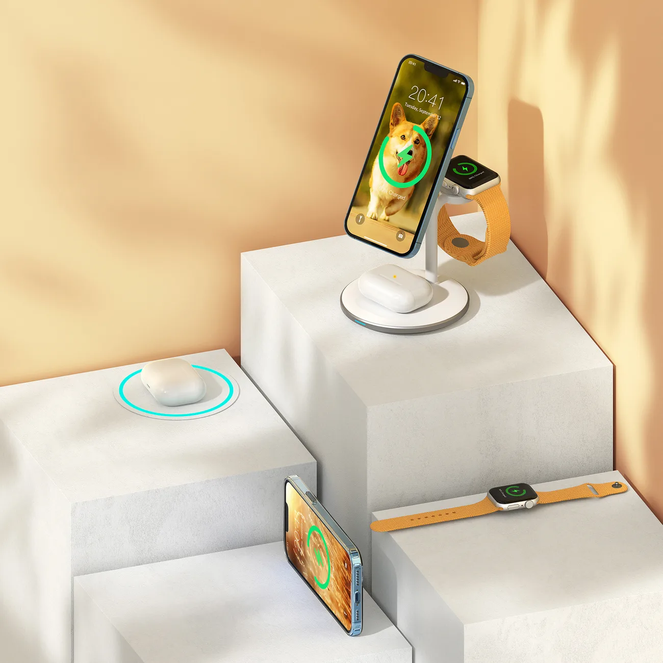 Vezeték nélküli indukciós töltő állvánnyal iPhone, Apple Watch és AirPods készülékekhez (fehér) 10