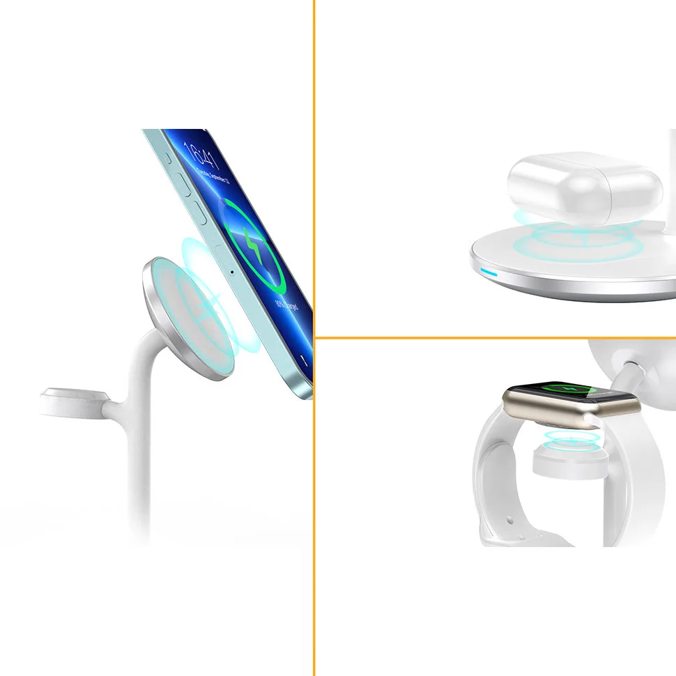 Vezeték nélküli indukciós töltő állvánnyal iPhone, Apple Watch és AirPods készülékekhez (fehér) 4