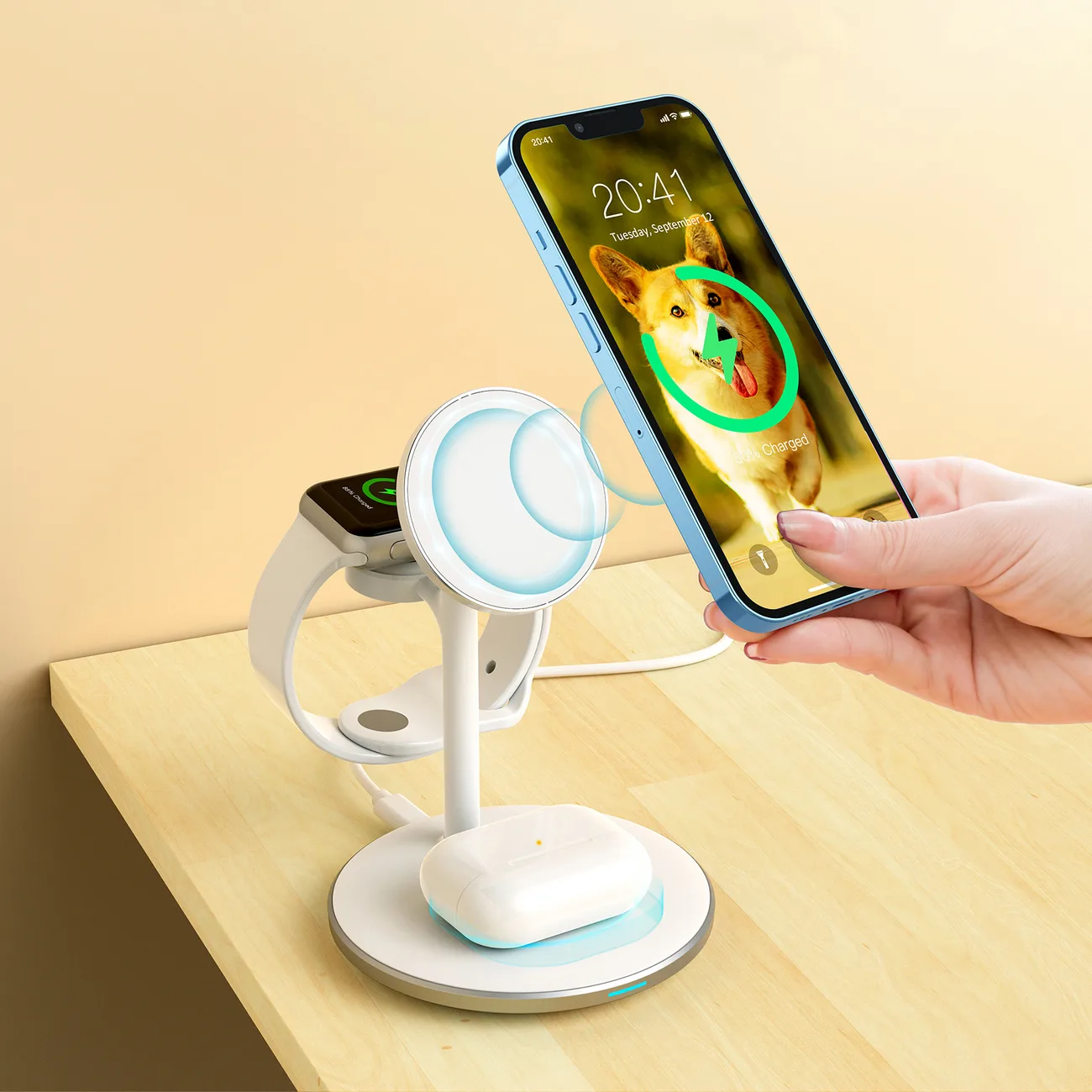Vezeték nélküli indukciós töltő állvánnyal iPhone, Apple Watch és AirPods készülékekhez (fehér) 7