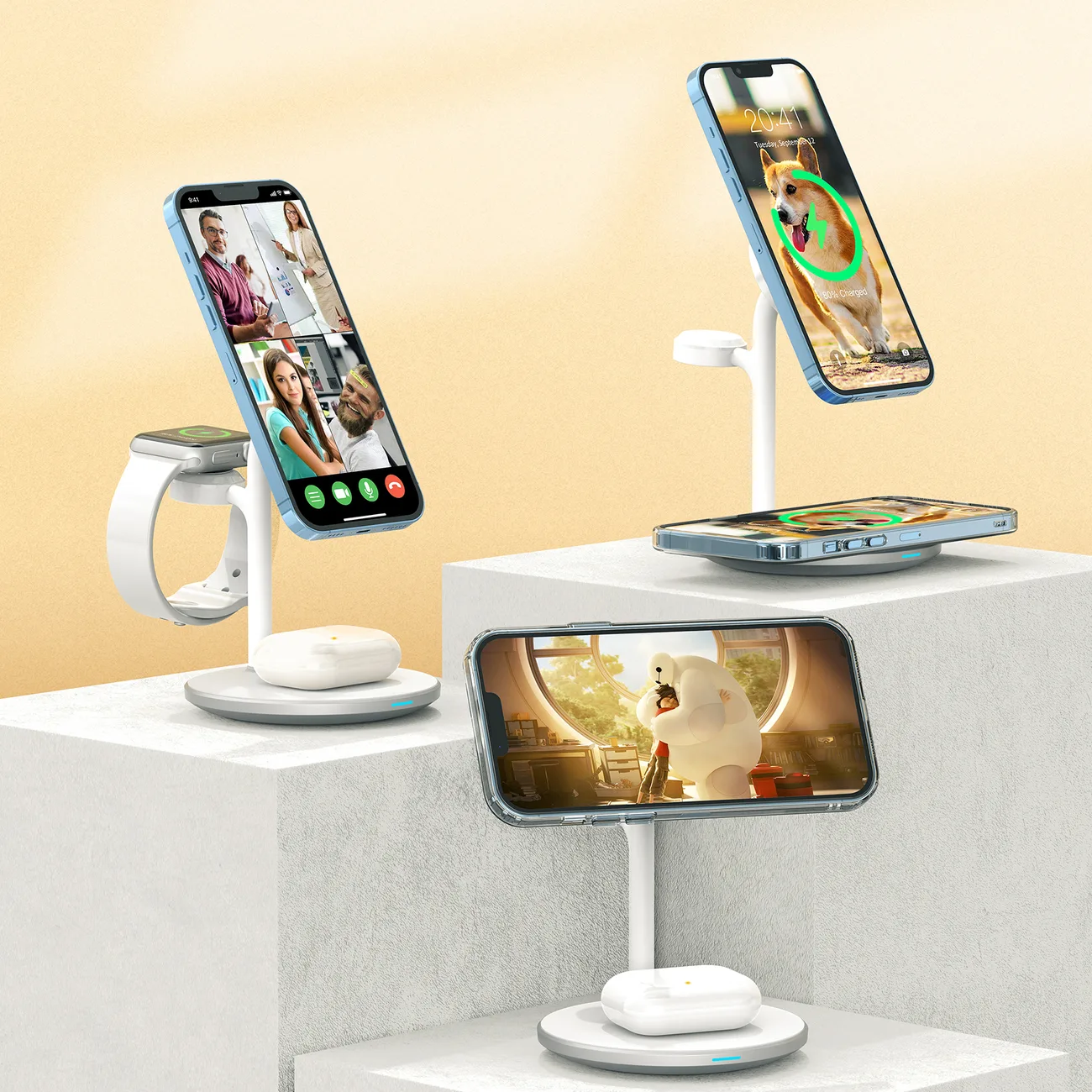 Vezeték nélküli indukciós töltő állvánnyal iPhone, Apple Watch és AirPods készülékekhez (fehér) 8