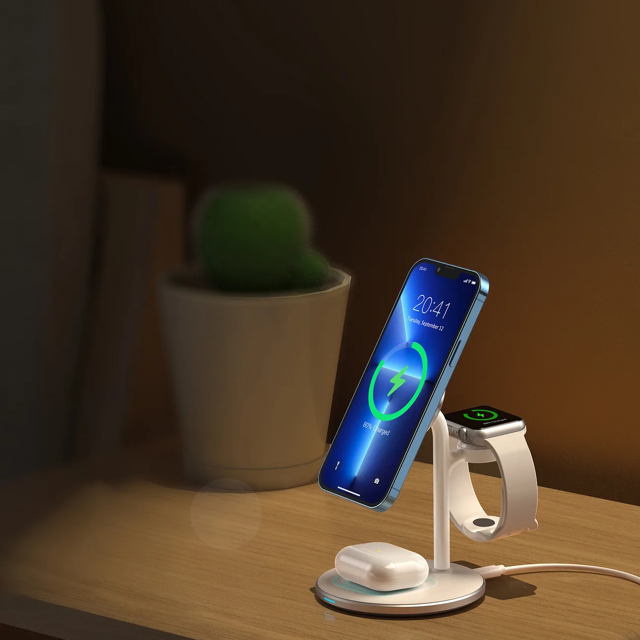 Vezeték nélküli indukciós töltő állvánnyal iPhone, Apple Watch és AirPods készülékekhez (fehér) 9