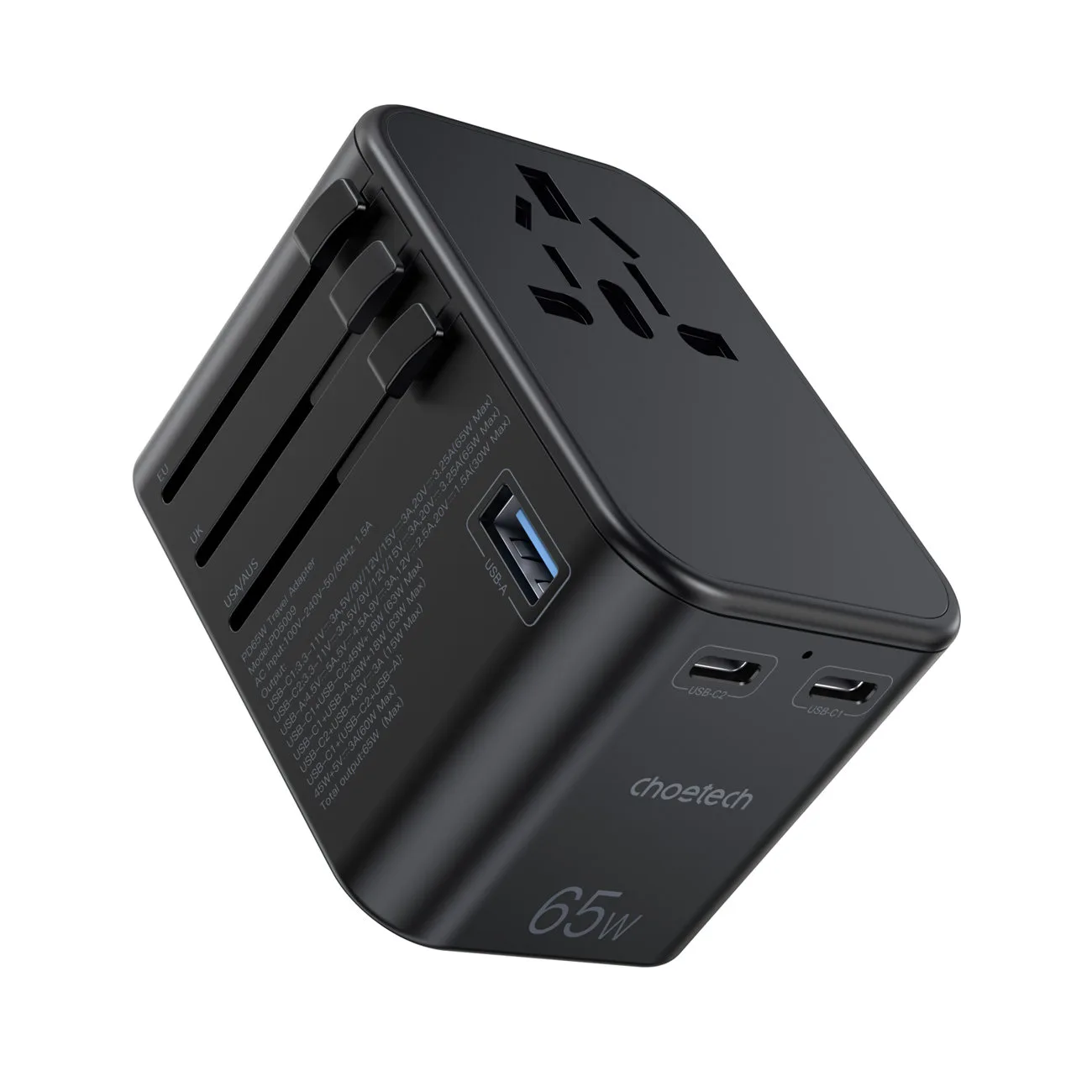 Gyors utazási töltő EU, UK, USA és AUS csatlakozókkal, 3xUSB, 30-65 W, fekete