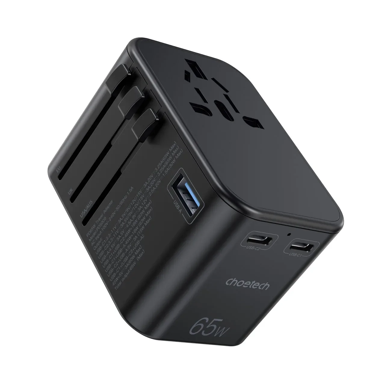 Gyors utazási töltő EU, UK, USA és AUS csatlakozókkal, 3xUSB, 30-65 W, fekete Gyors utazási töltő EU, UK, USA és AUS csatlakozókkal, 3xUSB, 30-65 W, fekete