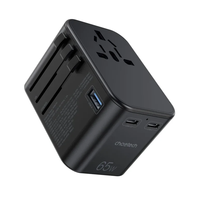 Gyors utazási töltő EU, UK, USA és AUS csatlakozókkal, 3xUSB, 30-65 W, fekete