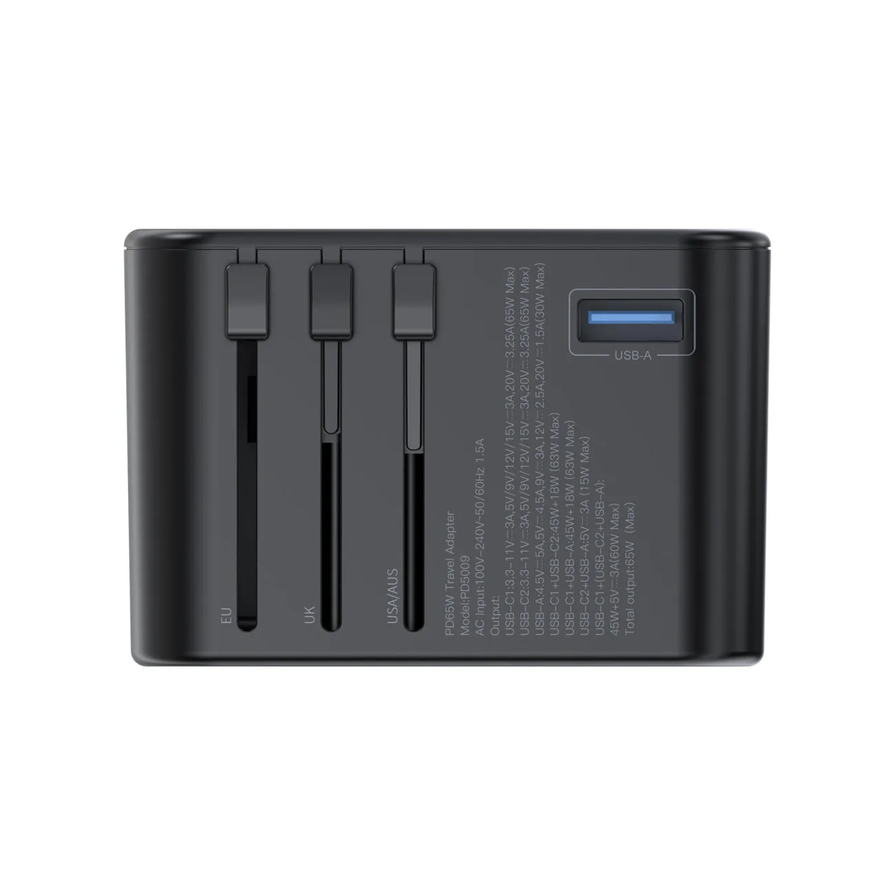 Putni punjač s priključcima za EU, UK, SAD i AUS, 3xUSB, 30-65W, crni 4