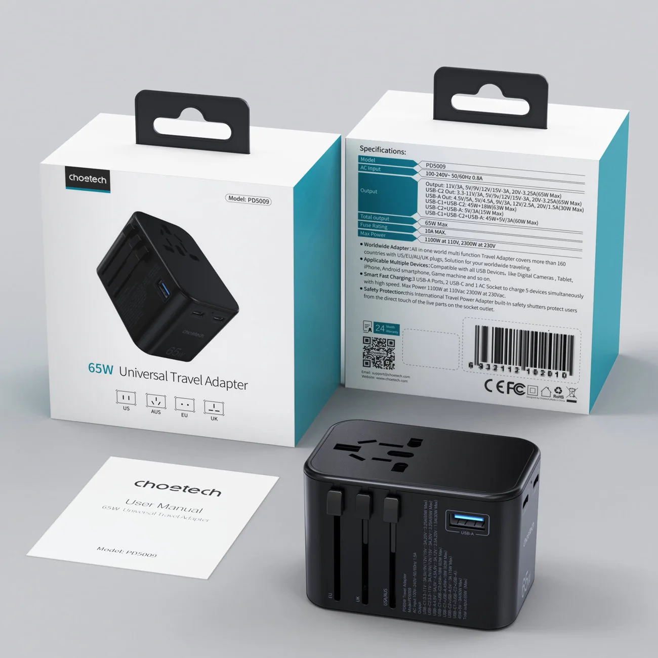 Putni punjač s priključcima za EU, UK, SAD i AUS, 3xUSB, 30-65W, crni 5
