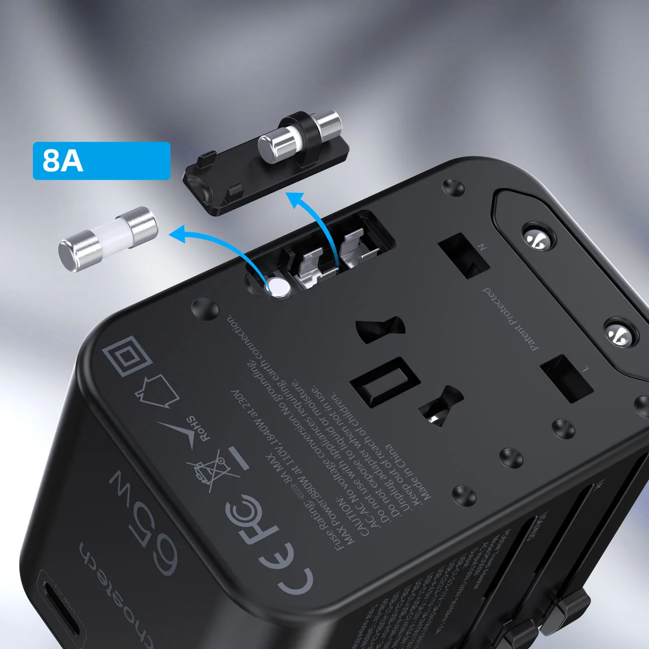 Putni punjač s priključcima za EU, UK, SAD i AUS, 3xUSB, 30-65W, crni 6