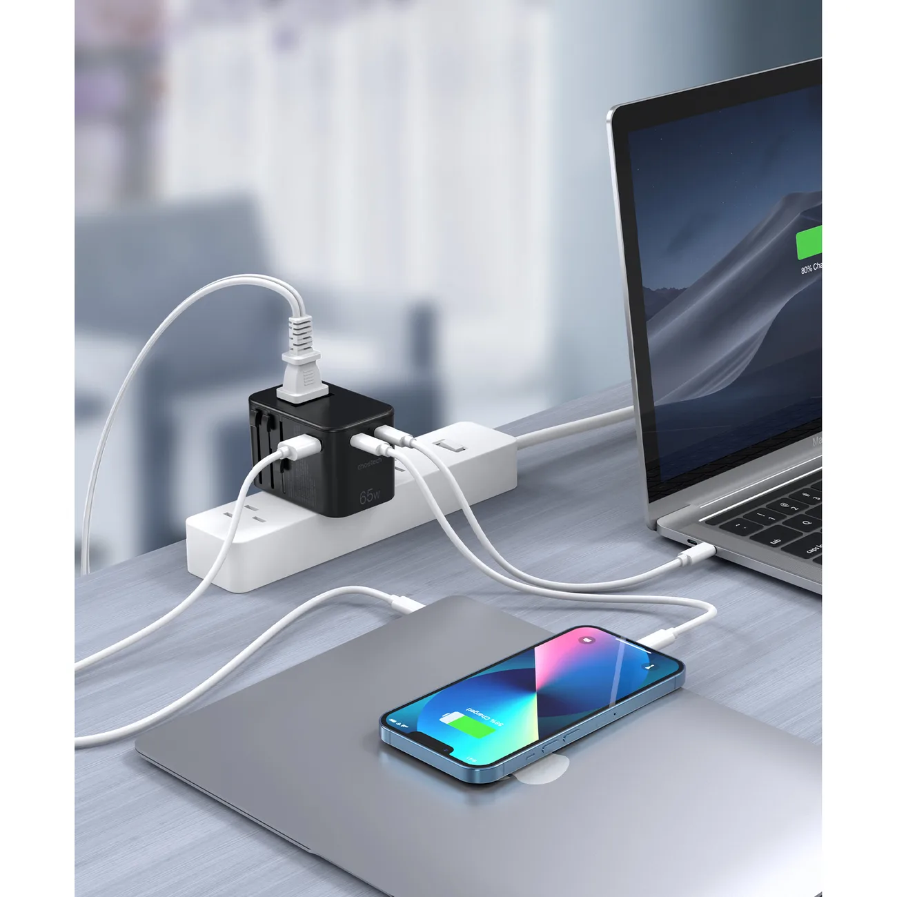 Putni punjač s priključcima za EU, UK, SAD i AUS, 3xUSB, 30-65W, crni 7