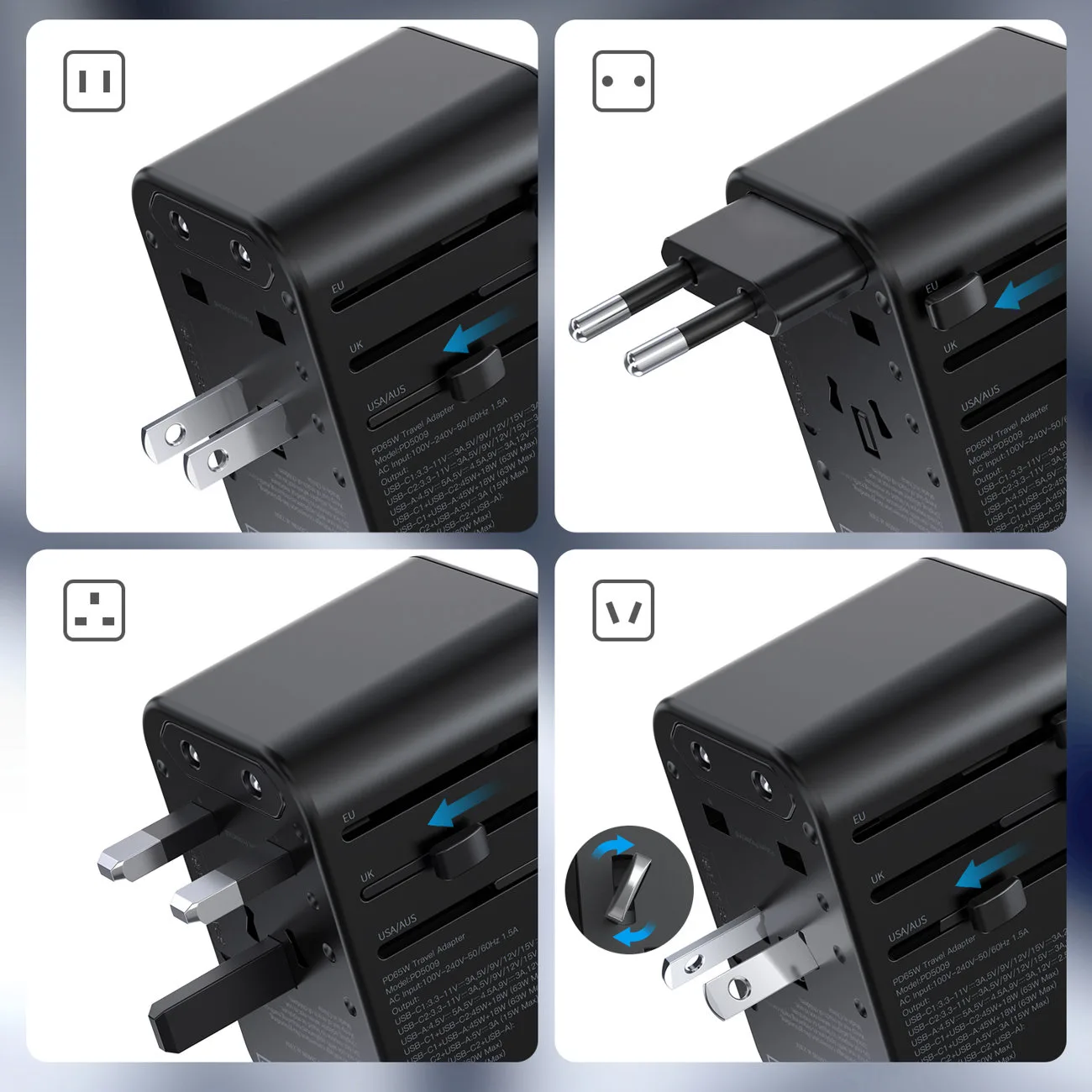 Putni punjač s priključcima za EU, UK, SAD i AUS, 3xUSB, 30-65W, crni 8