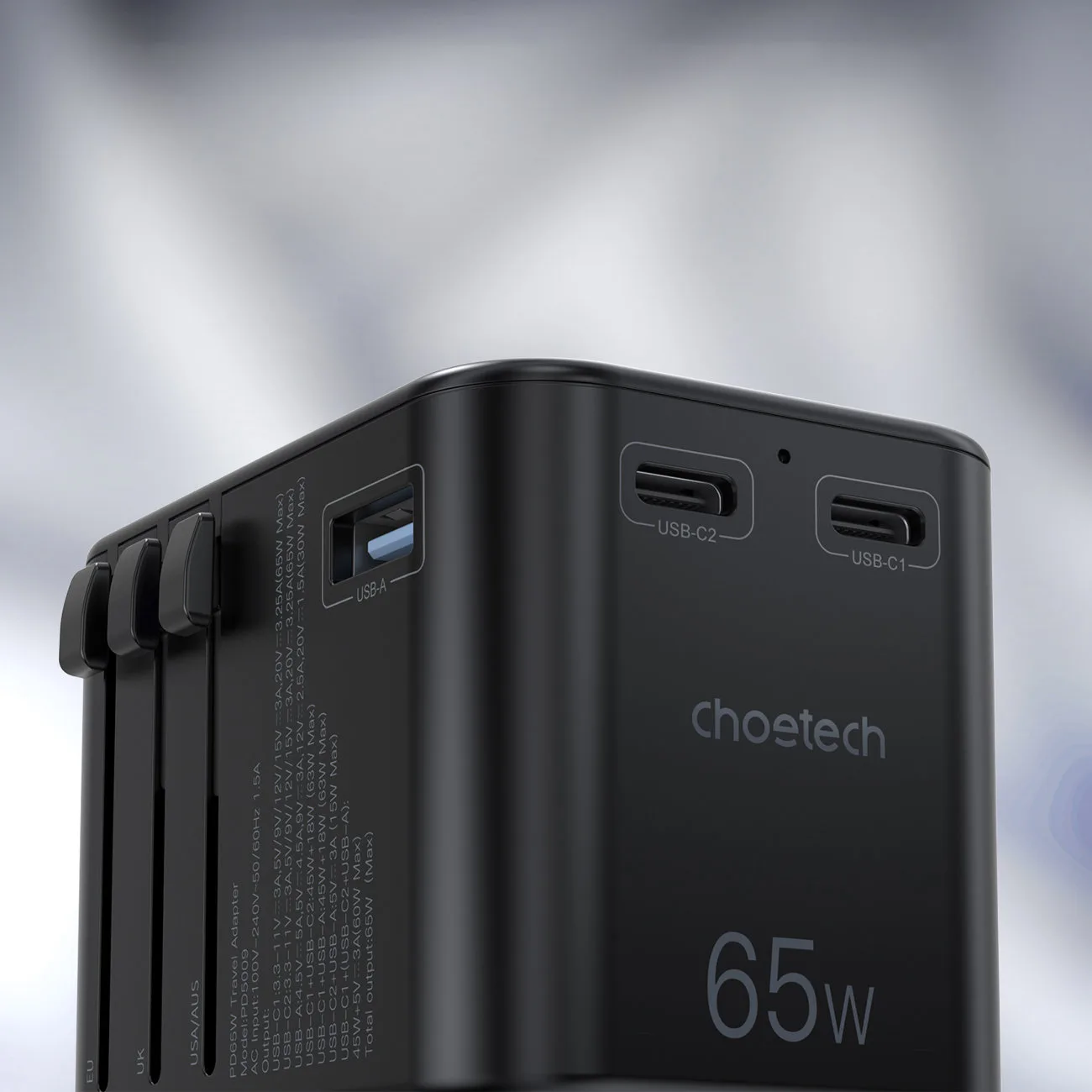 Putni punjač s priključcima za EU, UK, SAD i AUS, 3xUSB, 30-65W, crni 9