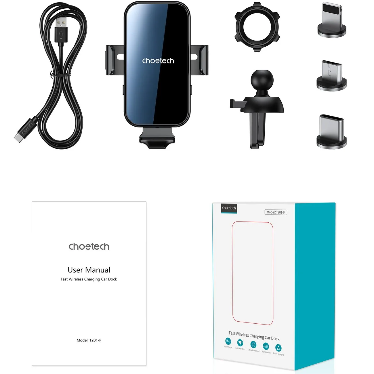 Wireless charger with car mount + magnetic tips, black 5