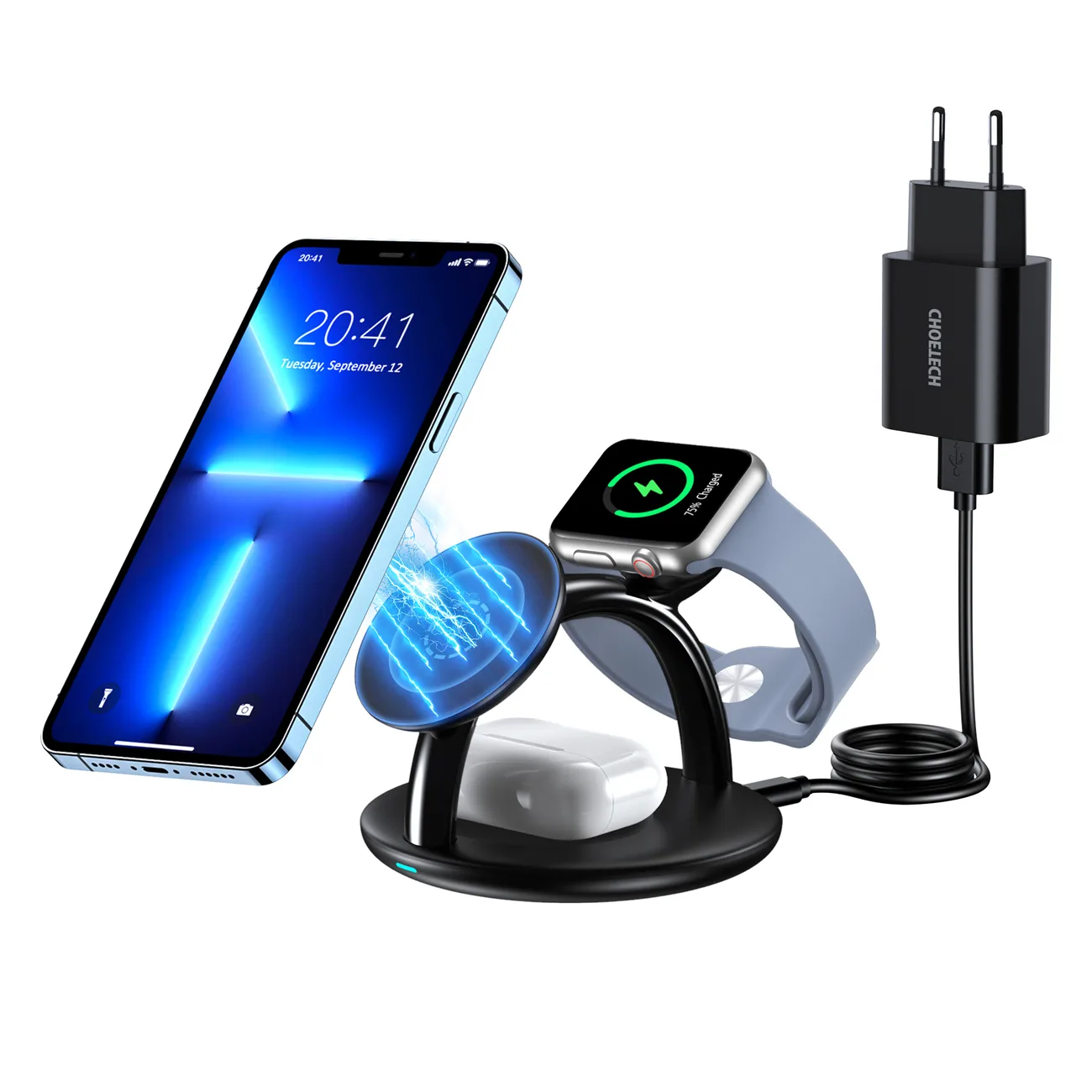 3 az 1-ben induktív töltőállomás iPhone, AirPods Pro és Apple Watch készülékekhez – fekete