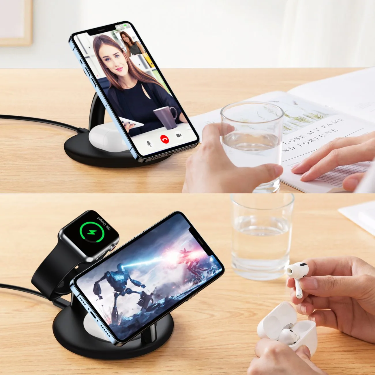 3 az 1-ben induktív töltőállomás iPhone, AirPods Pro és Apple Watch készülékekhez – fekete