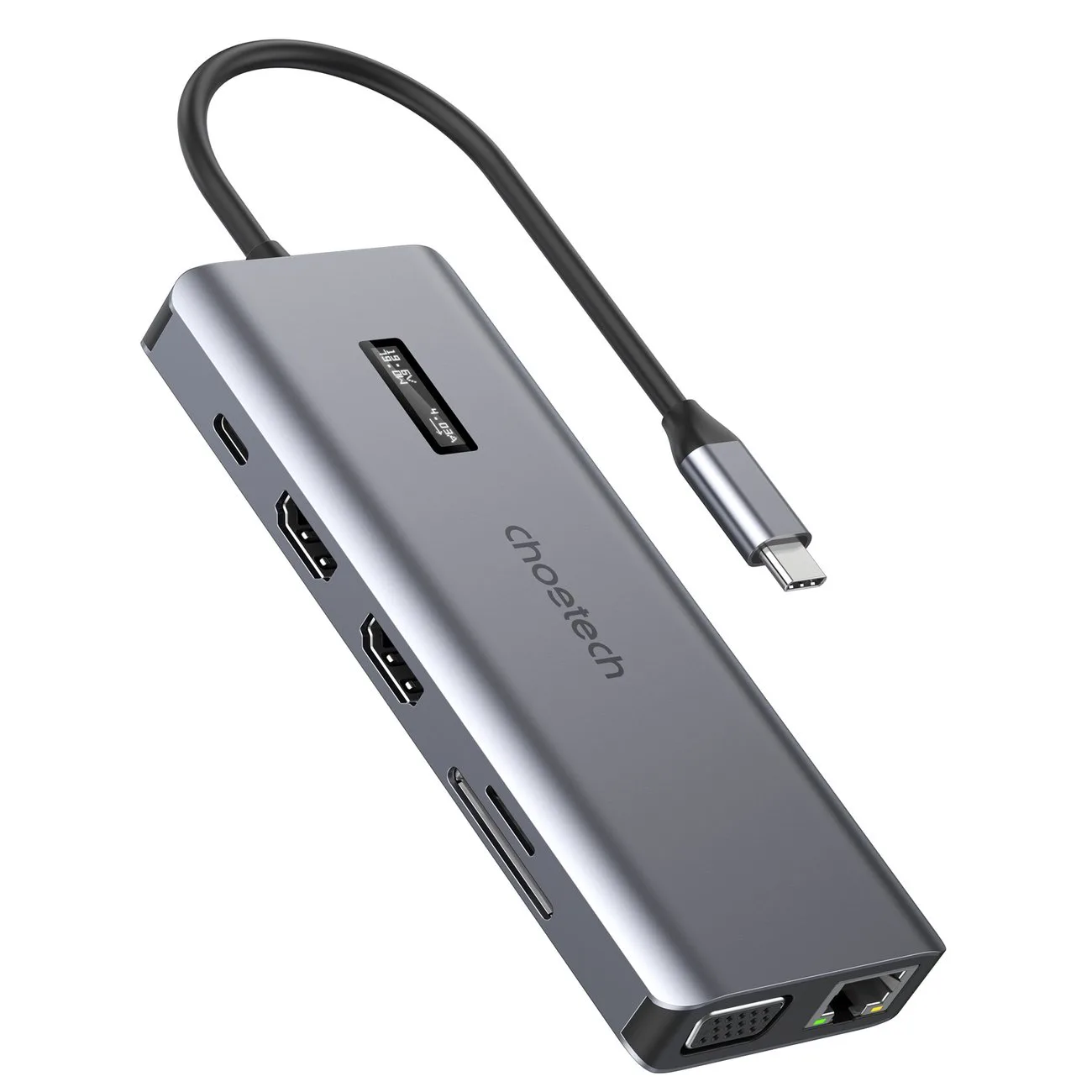 Kijelzős multifunkciós HUB adapter: USB-C, USB-A, VGA, AUX, SD, TF, 12-in-1, szürke