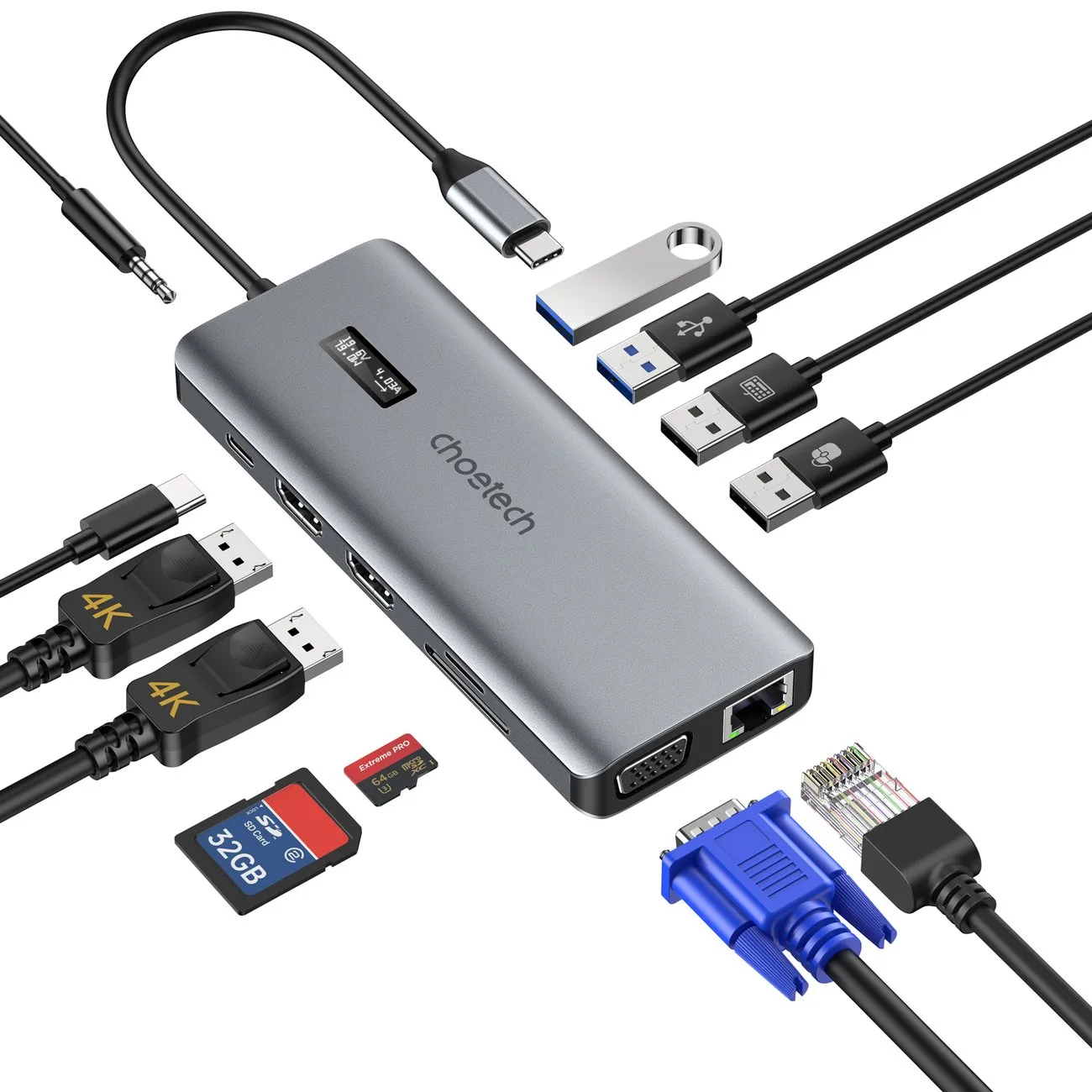 Kijelzős multifunkciós HUB adapter: USB-C, USB-A, VGA, AUX, SD, TF, 12-in-1, szürke