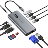 Višenamjenski HUB adapter s zaslonom: USB-C, USB-A, VGA, AUX, SD, TF, 12-u-1, sivi 2