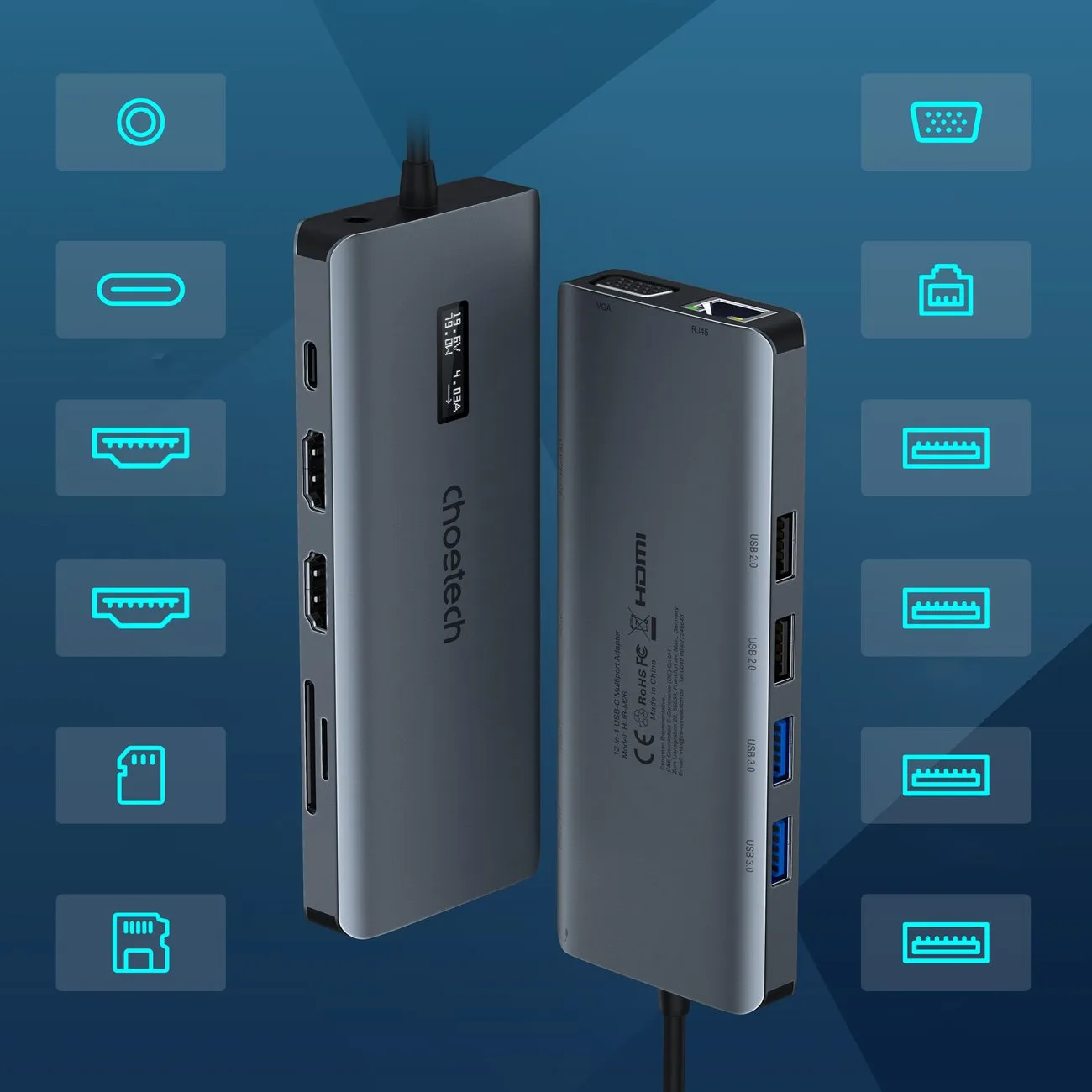 Adapter HUB wielofunkcyjny z wyświetlaczem USB-C USB-A VGA AUX SD TF 12w1 szary 9