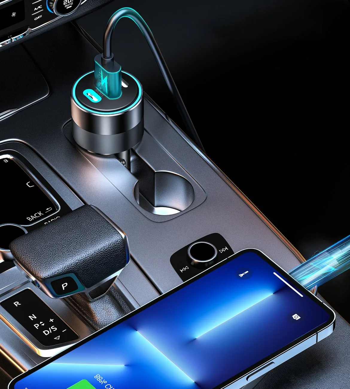130W Fast Car Charger 2xUSB-C + USB-A Black 7
