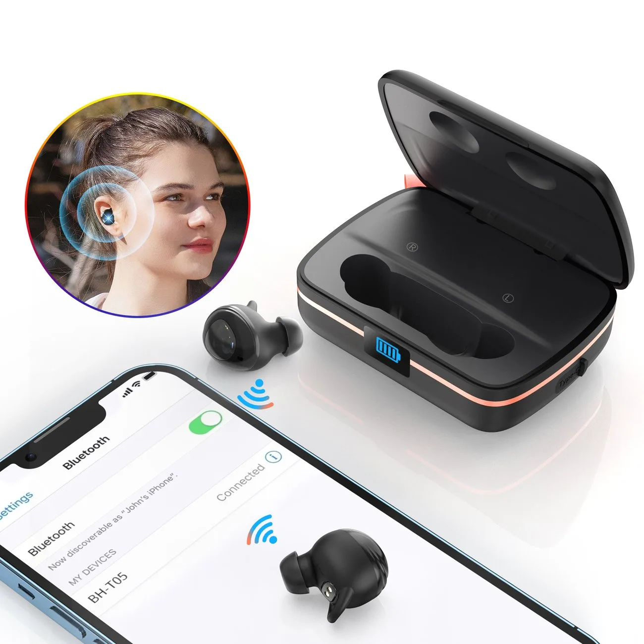 Waterproof TWS wireless earbuds with solar charger and 2500mAh power bank, black 10