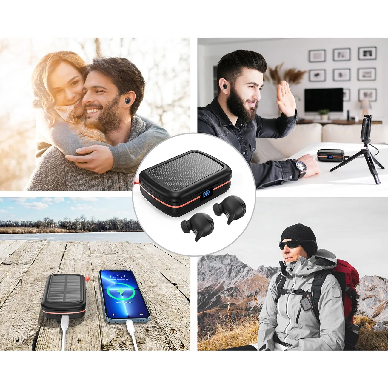 Waterproof TWS wireless earbuds with solar charger and 2500mAh power bank, black 11