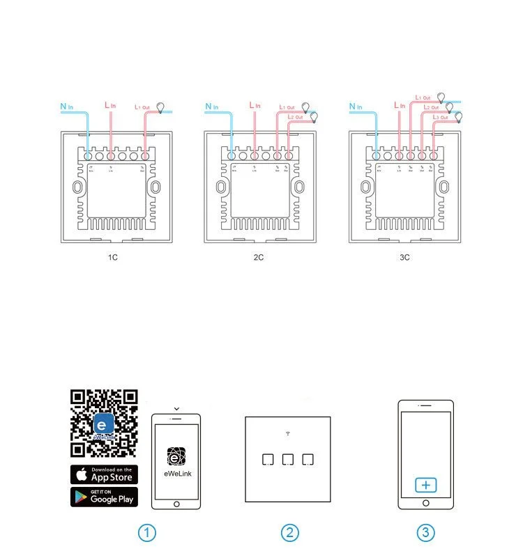 Touch light switch, WiFi button switch, 433 MHz RF, black T3EU1C-TX 11