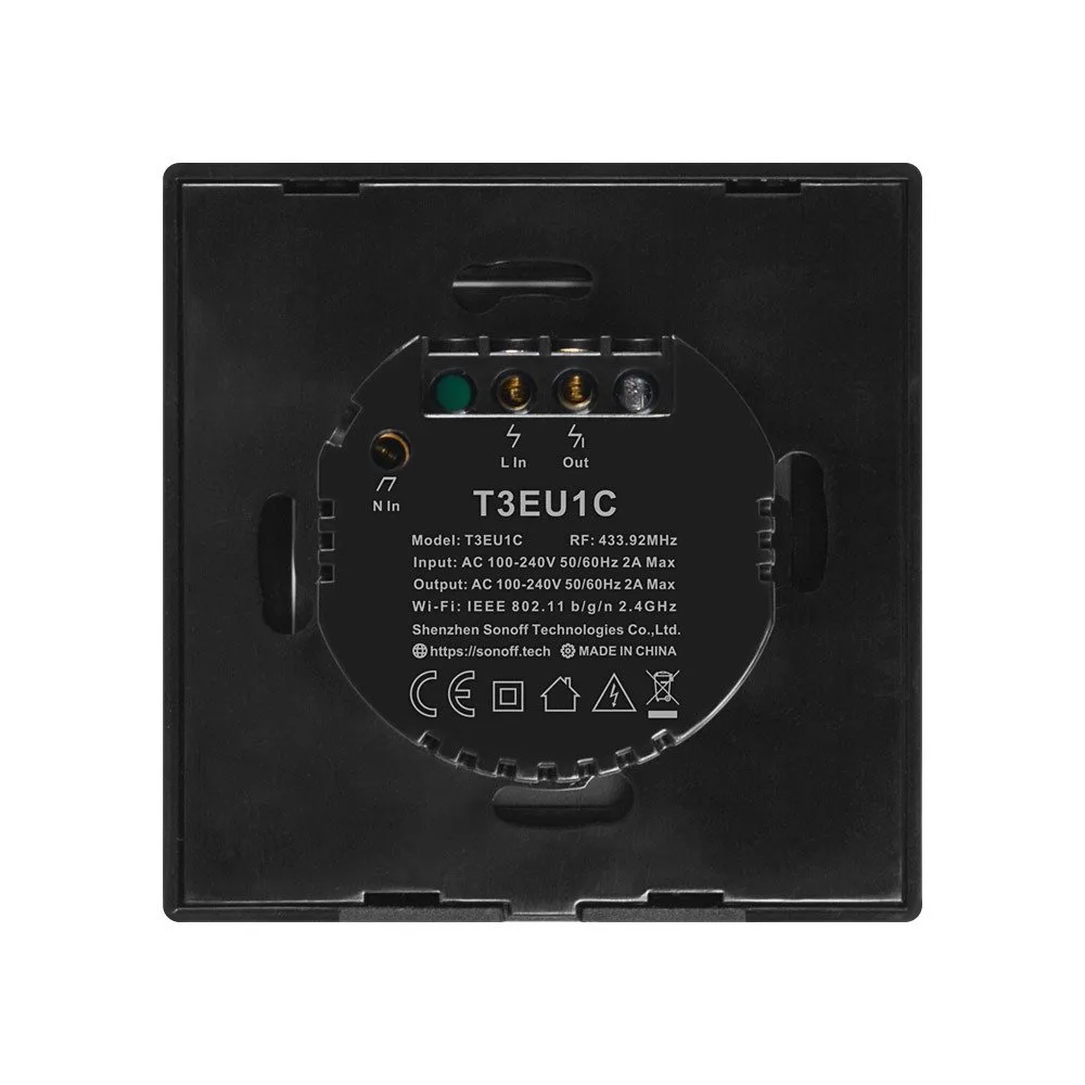 Érintőkapcsoló, WiFi gombos kapcsoló, 433 MHz RF, fekete T3EU1C-TX