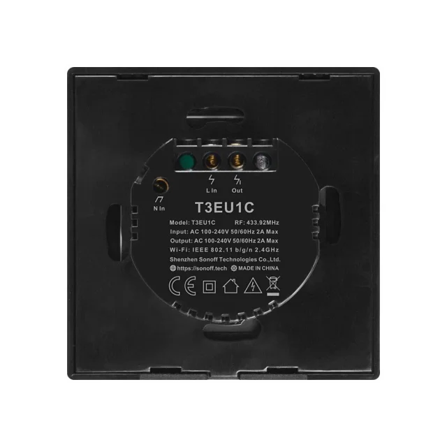 Érintőkapcsoló, WiFi gombos kapcsoló, 433 MHz RF, fekete T3EU1C-TX