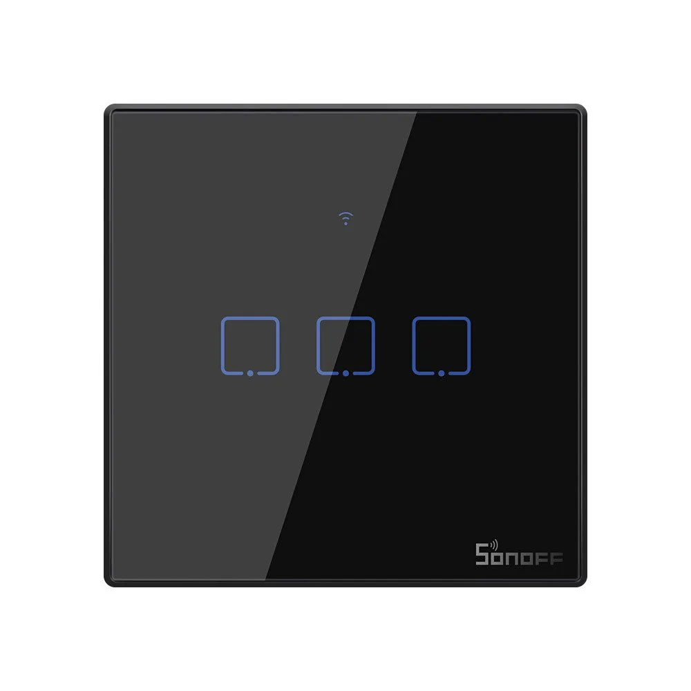 Háromcsatornás érintőképernyős világításkapcsoló, WiFi gomb, 433 MHz RF, fekete T3EU3C-TX
