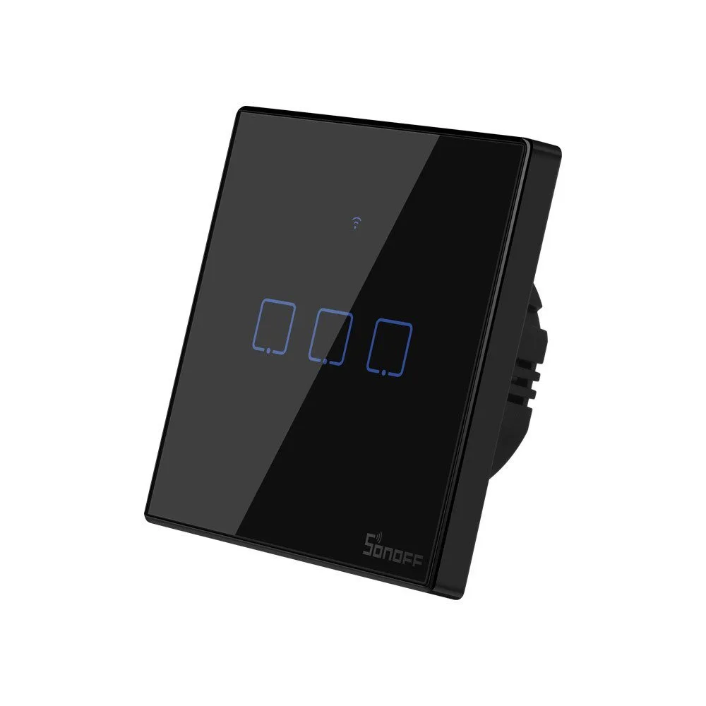 Háromcsatornás érintőképernyős világításkapcsoló, WiFi gomb, 433 MHz RF, fekete T3EU3C-TX
