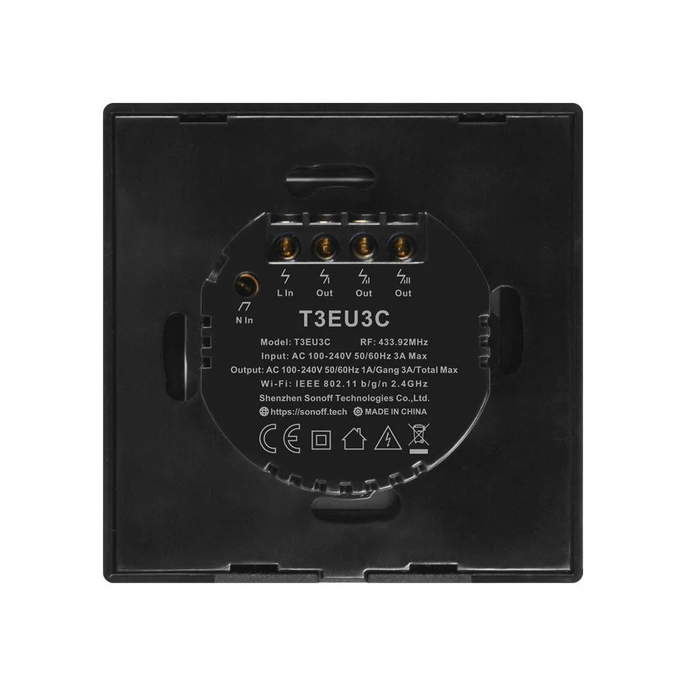 Întrerupător tactil cu trei canale, buton WiFi, 433 MHz RF, negru T3EU3C-TX 4
