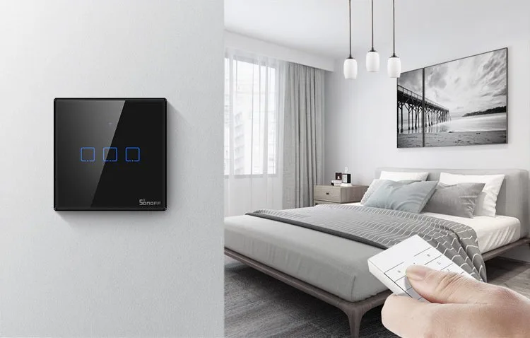 Întrerupător tactil cu trei canale, buton WiFi, 433 MHz RF, negru T3EU3C-TX 7
