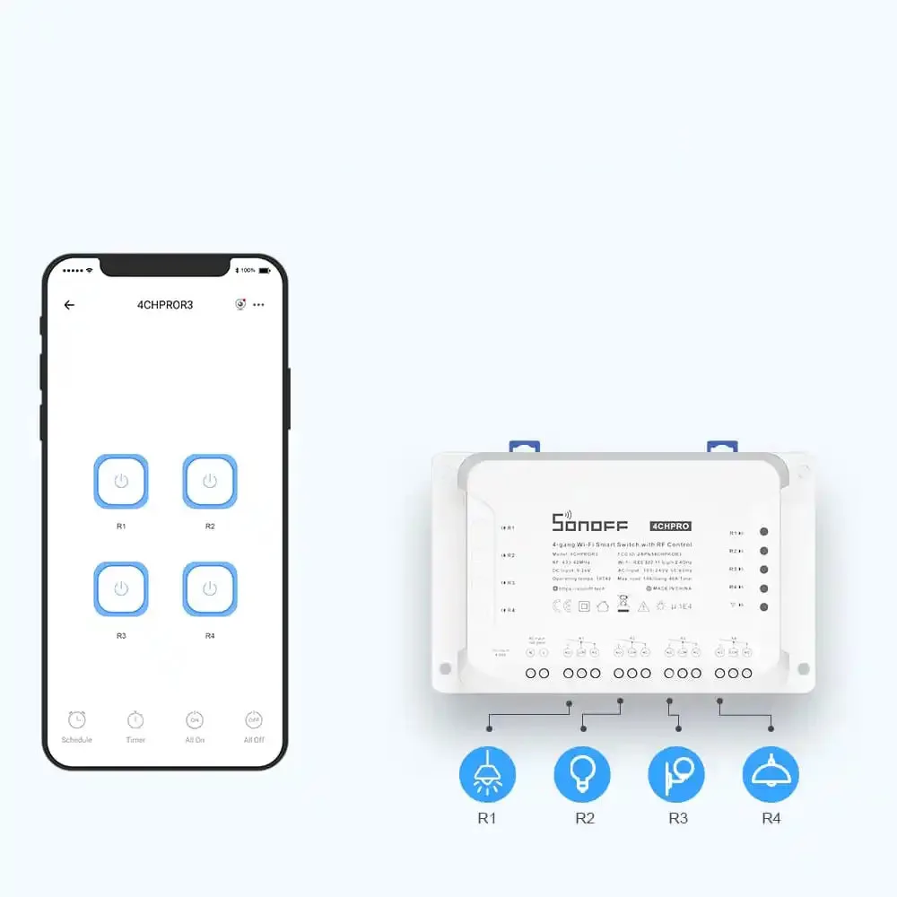 Intelligens 4-csatornás WiFi-kapcsoló relé, fehér 4CHR3