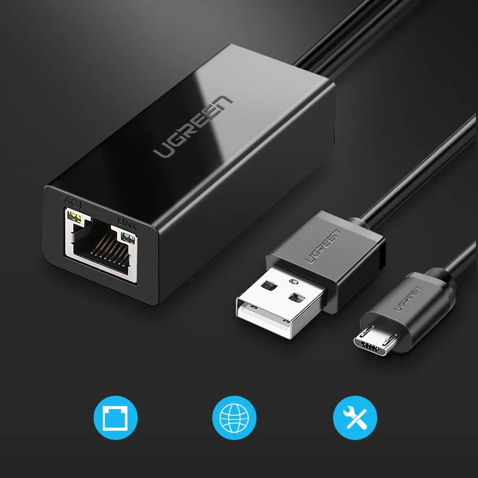Külső 100 Mbps micro USB LAN hálózati kártya Chromecast-hez, 1 m, fekete