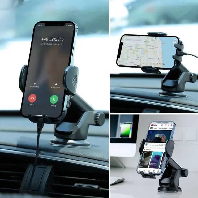 Autós telefon tartó teleszkópos karral a műszerfalra és a szélvédőre, fekete