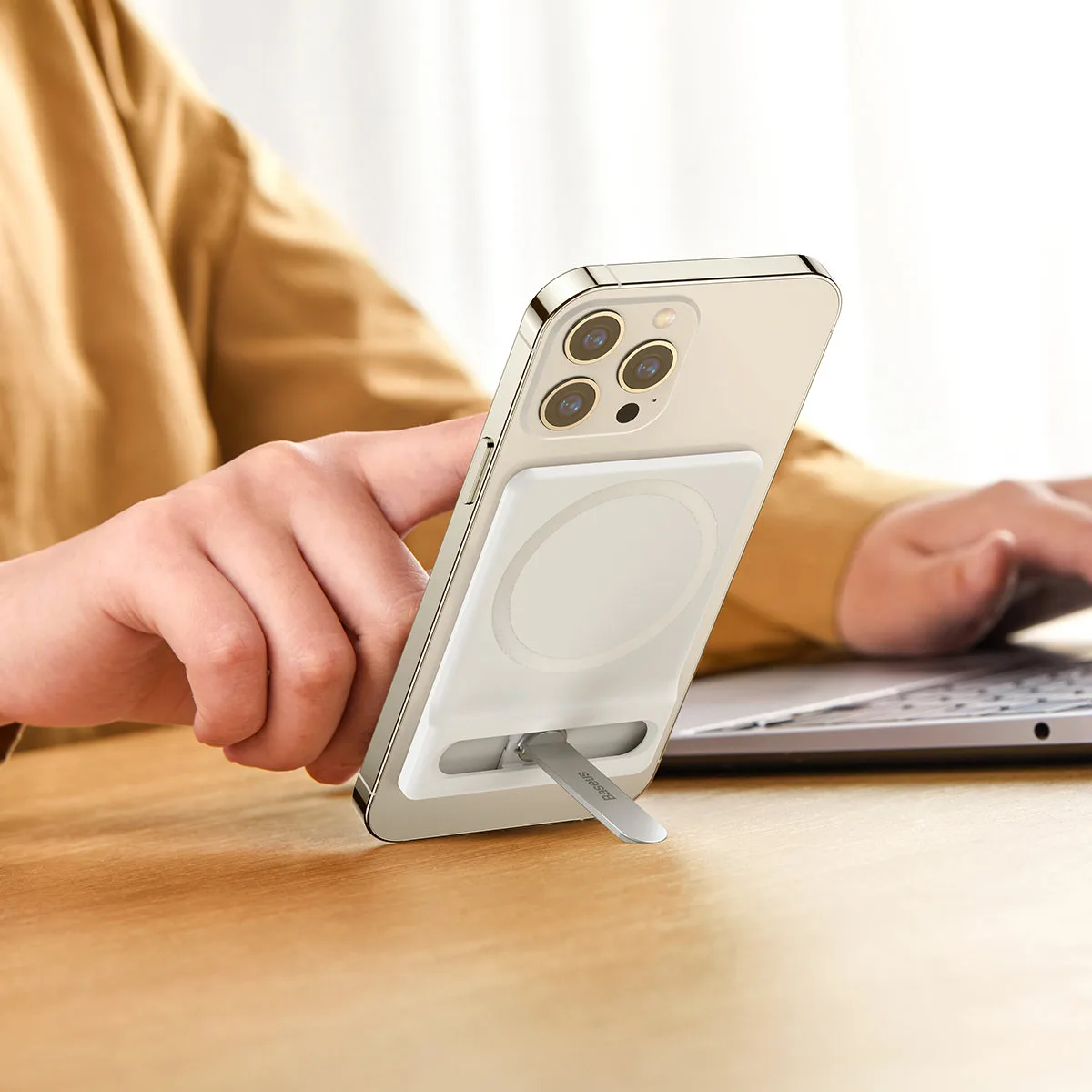 Foldable phone stand with magnetic holder, white 10