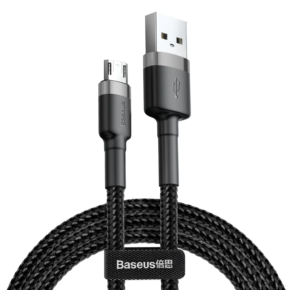 Tartós, rugalmas USB–microUSB kábel, 1,5 A, 2 m, fekete és szürke